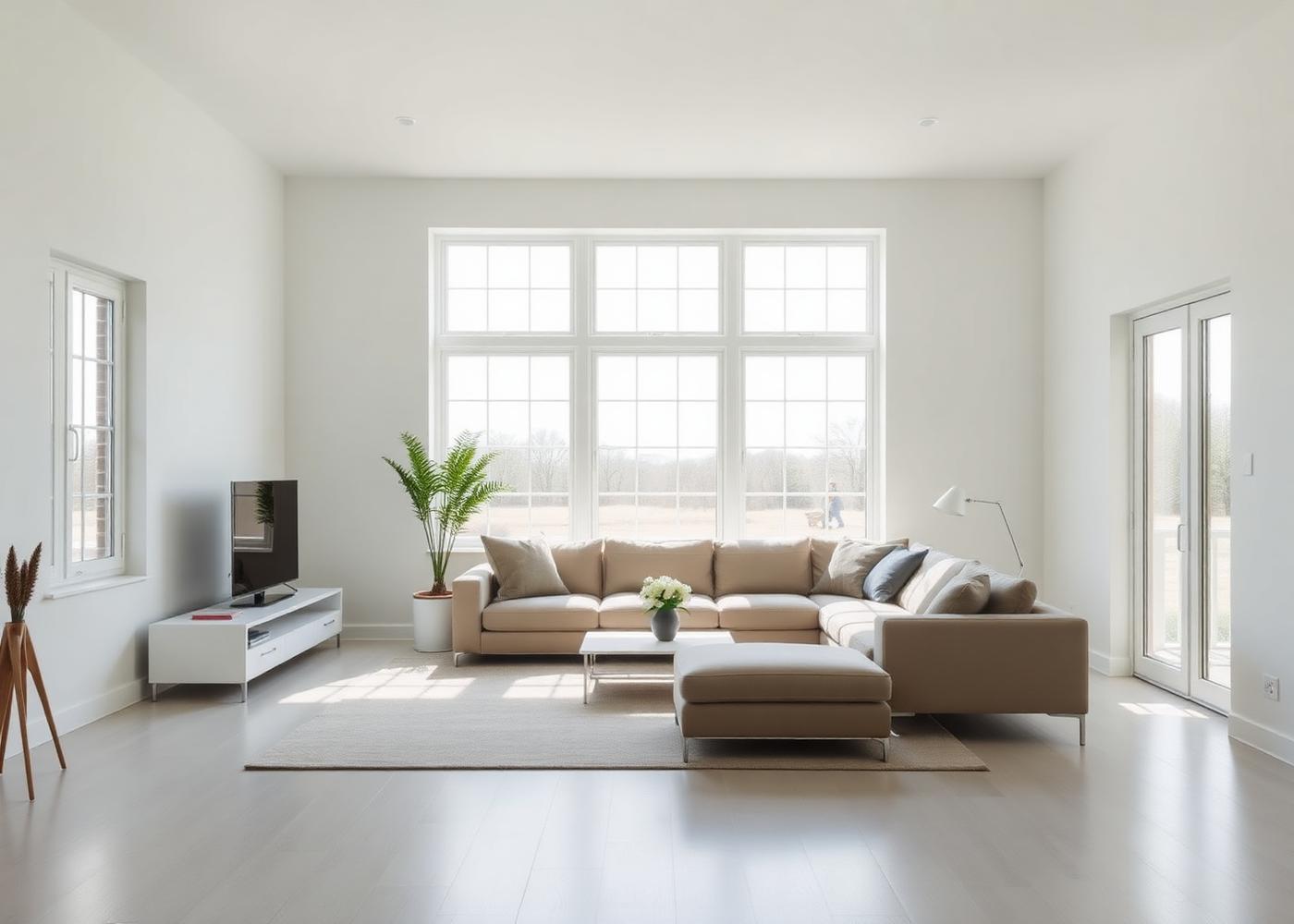 Lichte woonkamer met grote kunststof kozijnen